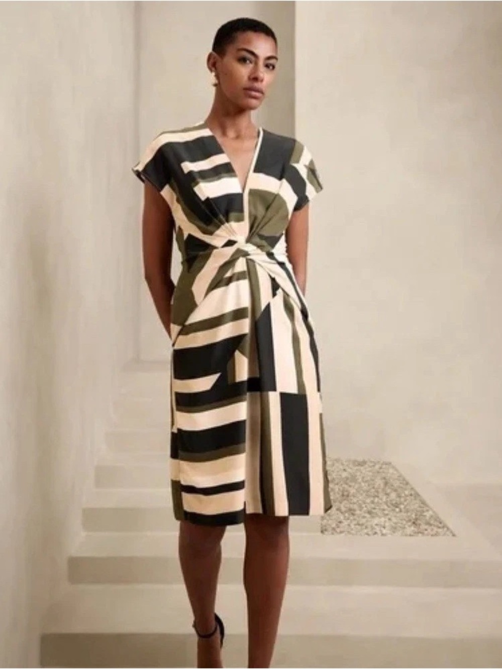 Striped Twist-Front V-Neck Dress in Olive & Cream